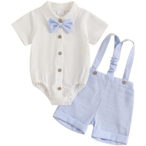 Newbron Baby Boy Summer Outfit Cotton Linen Button Short Sleeve Bowtie Shirt Romper Suspender Shorts Set