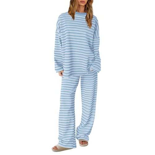 SENSERISE Womens Striped Lounge Set 2 Piece Outfit | Striped Long Sleeve Shirt, Wide Leg Pants, Pajamas Set, Crewneck, Color Block, Loose Fit, Casual Fall Airport Travel Outfit