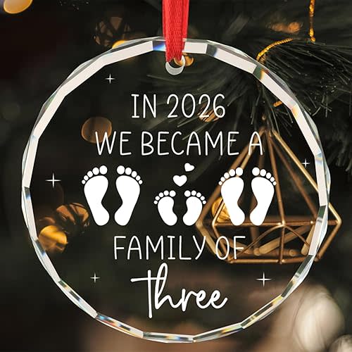 Newborn Baby Gifts for Couples in 2026 We Became a Family of Three Baby's First Christmas Ornament First Time Parents Mom Dad Gifts Family of 3 Christmas Tree Decoration Glass Round Ornament