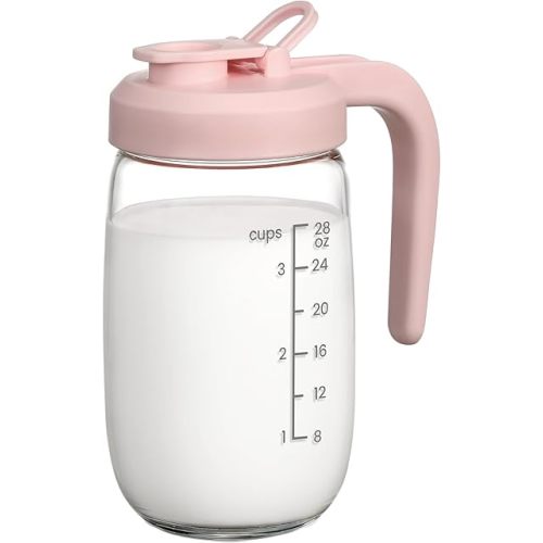 Breast Milk Pitcher 32 OZ, Heat & Cold Resistant, Sudden Temperature Safe, Fast Baby Formula Maker with Wide Mouth, No Leak Borosilicate Glass Fridge Storage Container for Juice, Cold Brew-Pink