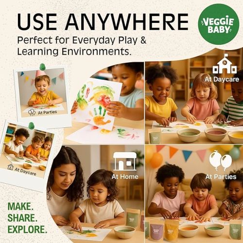Veggie Baby Edible Finger Paint for Babies - Non Toxic Baby Safe Paint Powder, 5 Pouches, Vegan Vegetable Colors, Easy Clean, Made in USA, Creative Play for 6 Months+