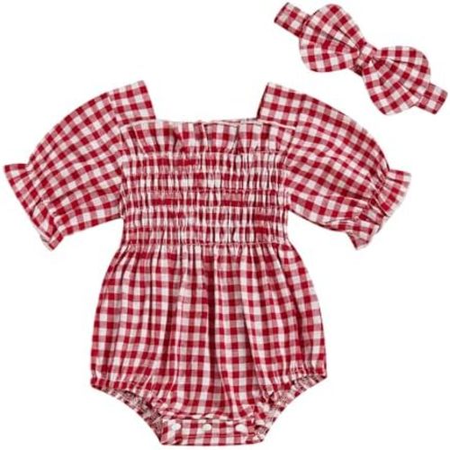 Infant Baby Girls Romper Ruffle Sleeve Pleated Smocked Bubble Plaid One Piece Ruched Jumpsuit Summer Bodysuit