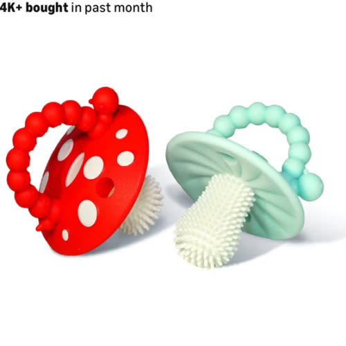 RaZbaby Soft Silicone Infant & Baby 3M+ Teether Toy Massaging Bristles Teething Relief Pacifier - Soothes Sore Gums - Hands-Free & Easy-to-Hold Chompy Teether, BPA Free (RED/Blue)