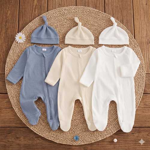 Organic Waffle Knit Baby Romper Hat Set, Neutral Footie Pajamas, Newborn Coming Home Outfit