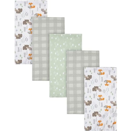 Gerber Boys Newborn Infant Baby Toddler Nursery 100% Cotton Flannel Receiving Swaddle Blanket, Woodland White, Pack of 5