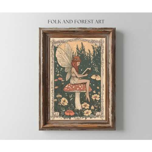 Fairy Reading on Mushroom | Vintage Folk Art Print | Whimsical Fantasy Digital Download | Multiple Sizes Included