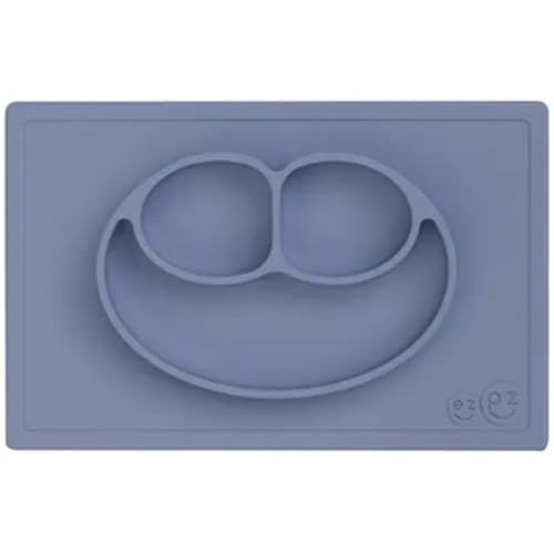 ezpz Happy Mat - 24 Months+ (Indigo) - 100% Silicone Suction Plate with Built-in Placemat for Toddlers + Preschoolers - Divided Toddler Plates - Toddler Essentials