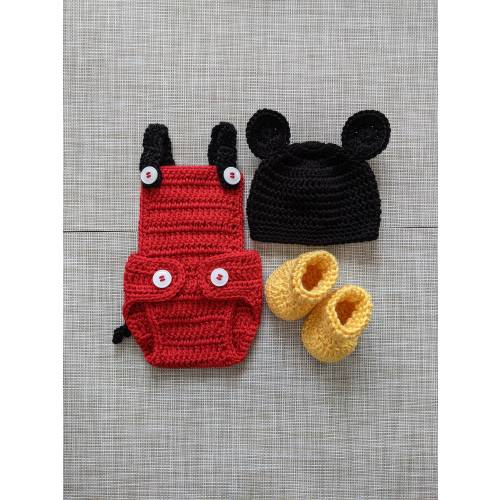 Mickey Mouse Baby Boy Set: Hat, Romper with attached tail and Booties, Crochet baby set, Baby Shower Gift, Newborn outfit, Newborn picture