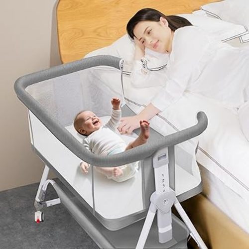 Baby Bassinet Bedside Crib, 3 in 1 Baby Bassinet Bedside Sleeper with Musical, Adjustable Portable Crib All Mesh Bedside Bassinet with Storage Basket, Grey