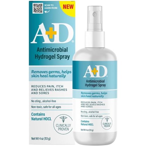 A+D Antimicrobial Hydrogel Spray – with Hypochlorous Acid, Removes Germs, Helps Heal Rashes & Irritations, Reduces Itch & Pain, Alcohol-Free, Non-Sting Formula, Safe for All Ages, 4oz