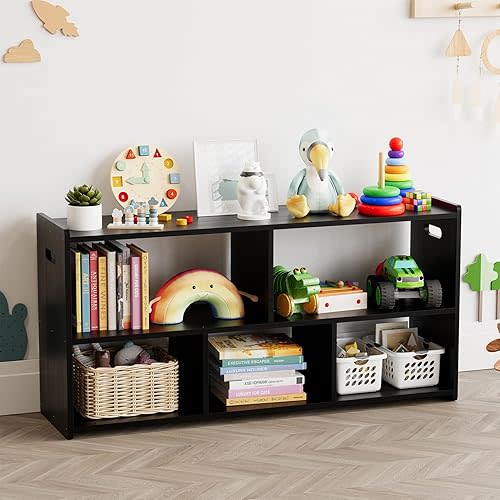 SpaceAid 5-Compartment Bookshelf, Montessori Bookcase for Toddlers, Wooden Book Shelf Organizer Storage Furniture for Kids Rooms, Playroom, Nursery and Classroom, 44.5“ Wide, Black