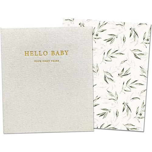 Peachly Unisex Baby Memory Book | Minimalist First Year Keepsake for Milestones | Simple Scrapbook Baby Books for Boy or Girl | 60 Pages Natural Linen - Olive, 9.75 inches x 11.25 inches