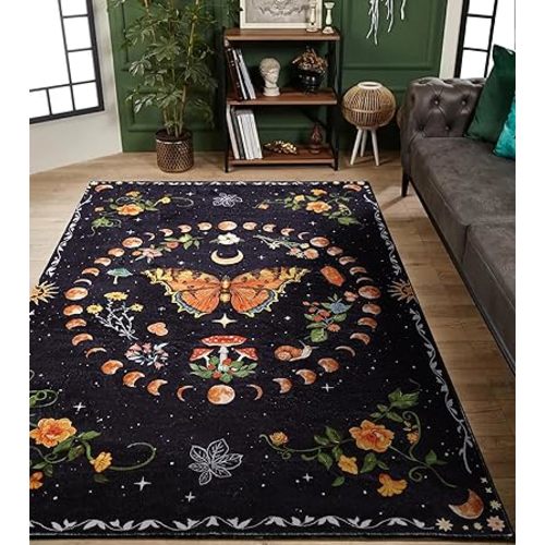 Ultra Thin Moody Black Floral Rugs Washable, Boho Cute Aesthetic Bedroom Rugs Dorm Carpet Indie Moon Phase Room Decor, Vintage Botanical Butterfly 5x7 Area Rug for Dining Living Room Kitchen Entryway