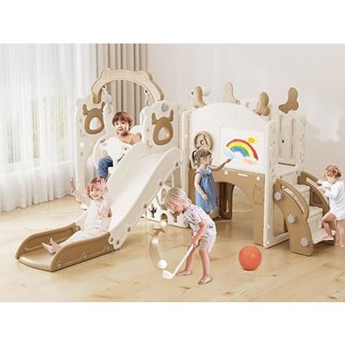XJD 13-in-1 Toddler Slide and Swing Set, Kids Slide for Toddlers Age 1+, Toddler Outdoor Playset New Upgrade with Golf Set, Basketball Hoop, Drawing Board for Playground (Brown White)