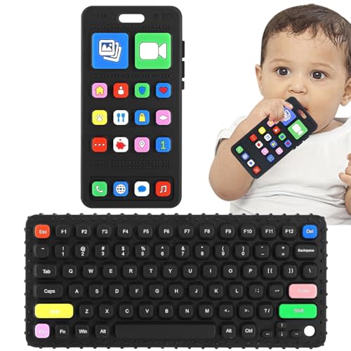 Baby Silicone Teething Toys, Phone and Keyboard Teether Toys for Toddlers 3-18 Months, Boys Girls Babies Teething Toy, Baby Chew Toy, Freezer BPA Free (PhoneKeyboard)
