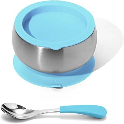 Avanchy Infant Stainless Steel Silicon Suction Bowl & Infant Spoon - Stainless Steel Kids Bowls - Suction Bowls With Lids - Silicon Suction (Blue)