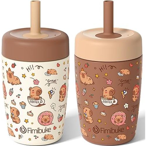 Fimibuke Kids & Toddler Cups Spill Proof, 12 OZ Capybara Insulated Sippy Cups for Toddlers Boys Girls, Toddler Straw Tumbler, Stainless Steel Kids Water Bottle with Twist Lids & Silicone Straw, 2 Pack