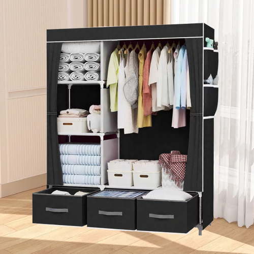 HioHa Portable Closet Organizer,3 Storage Drawers & Hanging Rod, Sturdy Space Saving Wardrobe for Bedroom Dorm Rental, Black