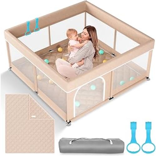Baby Playpen with Mat 50x50inch: Large Playpen for Babies and Toddlers Indoor Safety Play Pen with Soft Breathable Mesh - All-Wrapped Sponge Sturdy Play Yard with Stable Mat Magic Sticker Beige