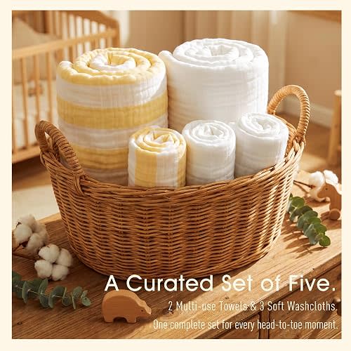 HardNok Muslin Baby Bath Towel Set - 100% Organic Cotton 5-Piece Set (2 Large Towels & 3 Washcloths), 6 Layer Super Soft Absorbent Gauze for Newborns (Yellow Stripe)