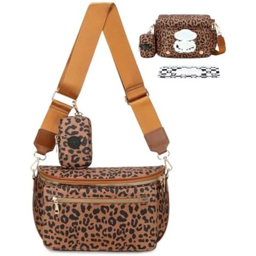 Eslcorri Small Diaper Bag Fanny Pack for Quick Outings, Crossbody Diaper Purse with Built-in Wipes Dispenser, Water-resistant Leopard Print Belt Bag for Moms Dads, 8L Expandable Capacity