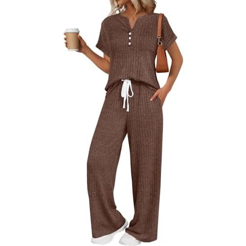LILLUSORY Women's 2 Piece Matching Lounge Sets Summer Henley Neck Wide Leg Pants Casual Sweat Suit