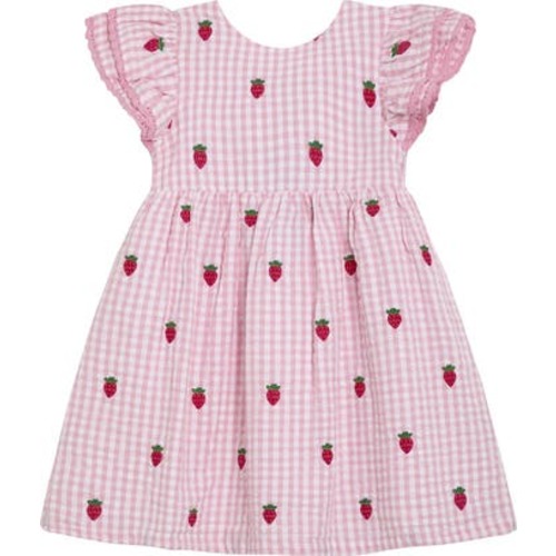 Gingham Check Strawberry Embroidered Cotton Seersucker Dress, 3-6M