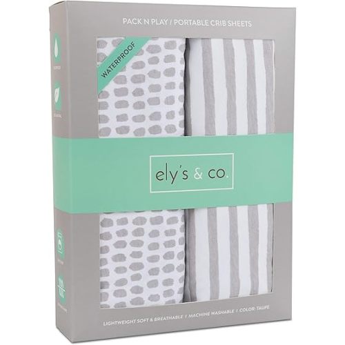Ely's & Co. Patent Pending Waterproof Pack N Play | Mini Portable Crib Sheet with Mattress Pad Cover Protection I Neutral Taupe Grey Baby Girl and Boy