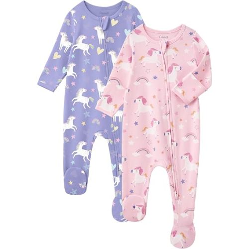 Baby Girl Sleepers 100% Cotton Footie Pajamas Newborn 0-3 3-6 6-9 Months with 2-Way Zipper, 2pcs PJs Baby Girl Clothes