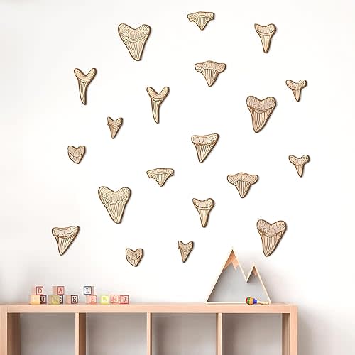 RattanView 20 Pcs Wooden Shark Teeth Nursery Wall Decor Shark Tooth Wall Art Baby Room Nursery Decor Megalodon Beach House Decoration for Boys Kids Room Bathroom Bedroom Lover Gift