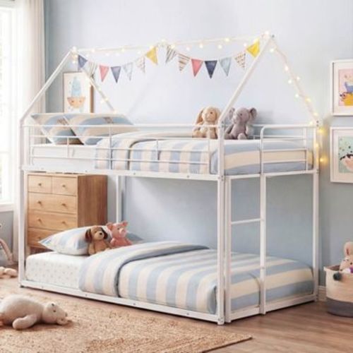 Costway Twin Over Twin Metal Bunk Bed, House Shaped Floor Bunk Bed Frame with Roof & Ladder White