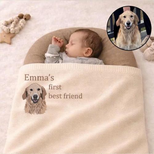 Personalized Baby Knit Blanket with Pet Portrait, Custom Dog Embroidered Baby Blanket, Baby Shower Gift, Baby’s First Best Friend