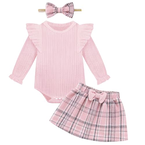 Weixinbuy Baby Girls Fall Outfits 3-Piece Set Long Sleeve Romper & Plaid Skirt Headband Soft Snap Closure 0-18M