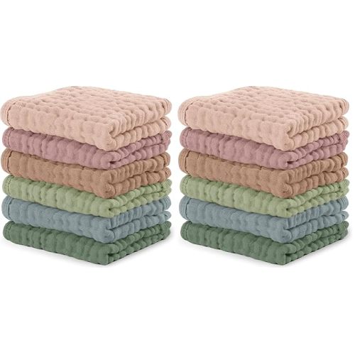 Comfy Cubs Muslin Baby Washcloths 12 Pack - Soft 6-Layer Cotton Wash Cloths for Sensitive Skin - 10"x10" Large, Gentle, Absorbent Infant Essentials for Newborn and Toddlers - Multicolor