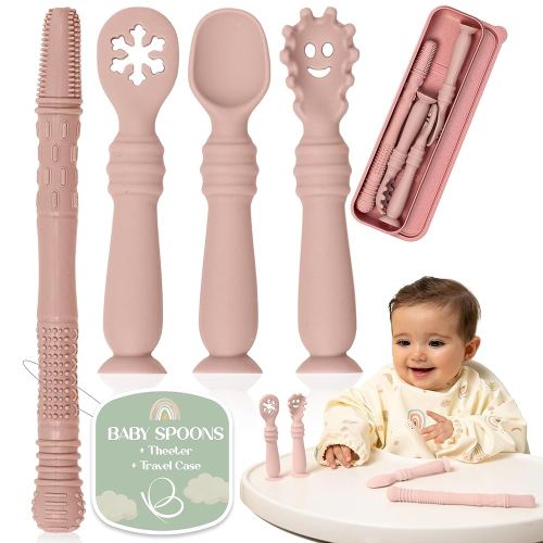 Baby Silicone Spoon Set with Teether and Case – Infant Spoons First Stage with Suction Base – Self feeding spoons for Babies 6-12 Months – Infant Feeding Essentials (Pink)