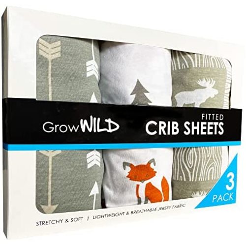 GROW WILD Crib Sheet 3 Pack | Soft & Stretchy Jersey Fitted | Grey Baby Crib Sheets for Boys | Woodland Nursery or Toddler Bed Sheets
