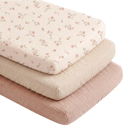 Niceye Muslin Baby Bassinet Sheets 3-Pack 100% Cotton (33" x 21") Bedside Sleeper Bassinet Fitted Sheets for Rectangle Mattresses, Unisex for Baby Girl/Boy（Pink）