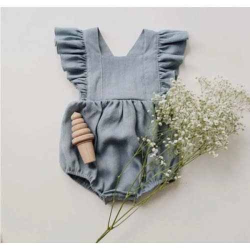 Linen Ruffle Romper - Blue. Shop Online at Belle Baby | Belle Baby