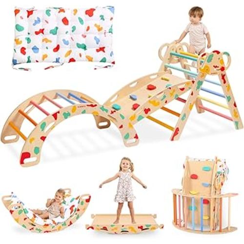 wingyz Pikler Triangle Climbing Set with Cushion,Foldable 8 in 1 Jungle Gyms for Toddlers 1-3, Indoor Playground for Kids,Baby Montessori Climber Gift（Rainbow）