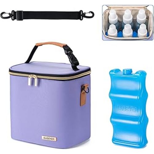 Breastmilk Cooler Bag with Ice Pack Fits 6 Baby Bottles Up to 9 Ounce, Baby Bottle Bag with Shoulder Strap for Nursing Mom Daycare, Violet