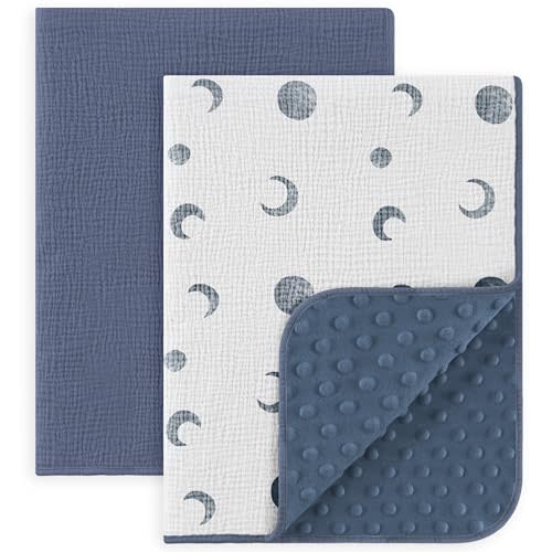 Susurration Baby Blanket for Unisex Boys Girls, 2 Pack Soft Fluffy Crib Blankets with Muslin Cotton Front and Dotted Fleece Back, Receiving Blanket for Baby Newborn Infant, 30x40in, Bluemoon&Navy Blue