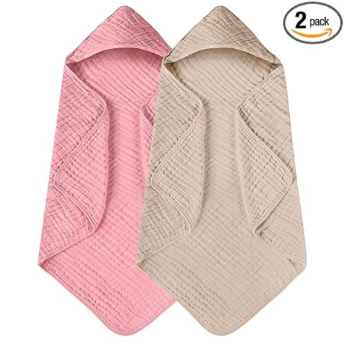 Yoofoss Hooded Baby Towels for Newborn 2 Pack 100% Muslin Organic Cotton Baby Bath Towel with Hood for Babies, Infant, Toddler and Kids, 32x32Inch, Soft and Absorbent Newborn Essential,Bge& Bean Paste