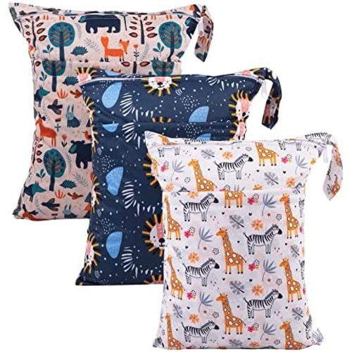 babygoal Wet Dry Bags for Baby Cloth Diapers, Washable Travel Bags, Beach, Pool, Gym Bag for Swimsuits & Wet Clothes with Two Zippered Pockets 3 Pack, 3LN25
