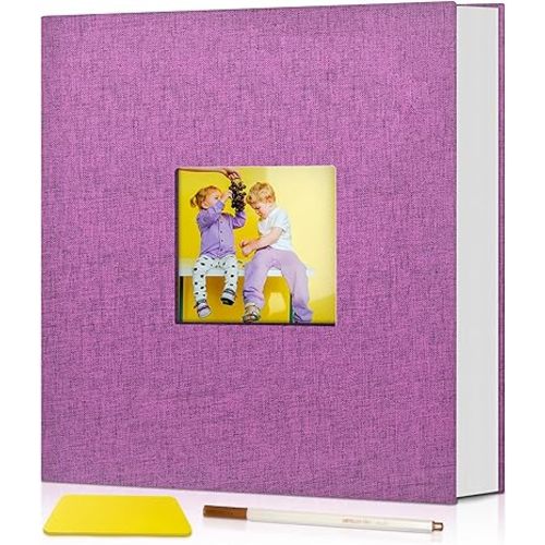Popotop Photo Album Self Adhesive with Picture Display Window,60 Pages DIY Scrapbook Album for 4x6 8x10 Picture,Linen Cover Memory Book for Baby Wedding, with Scraper and Metallic Pen