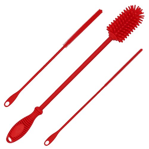 Kitchiny Silicone Bottle Brush 12.5 inch with 2 Straw Cleaners – Red | Bottle Cleaner Brush for Yeti, Hydro Flask, Owala, Stanley, Baby Bottles, Vases & Narrow Neck Containers