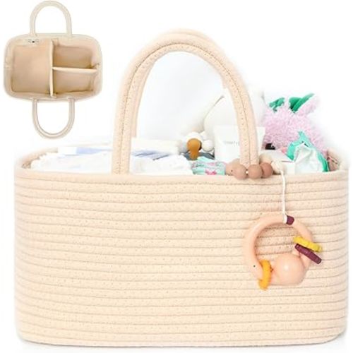 Miss Fong Diaper Caddy Organizer - Portable Caddy with Removable Dividers, Travel Basket & (Creme)