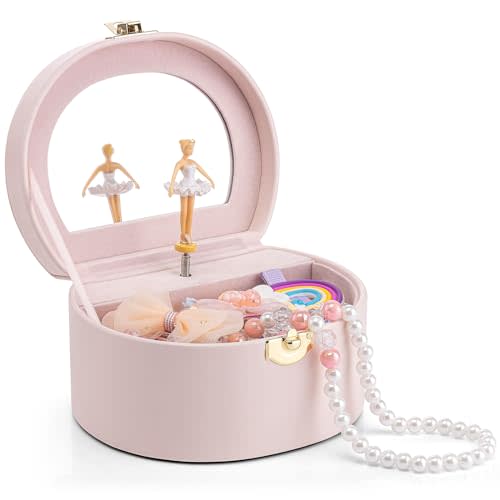 VLANDO Musical Jewelry Box for Girls, Arc Design with Spinning Ballerina Large Compartment for Small Treasures, Plays Canon Melody, Built-In Mirror and Soft Carry Handle, Birthday Christmas Gift | Large Compartment for Small Treasures, Plays Canon Melo...