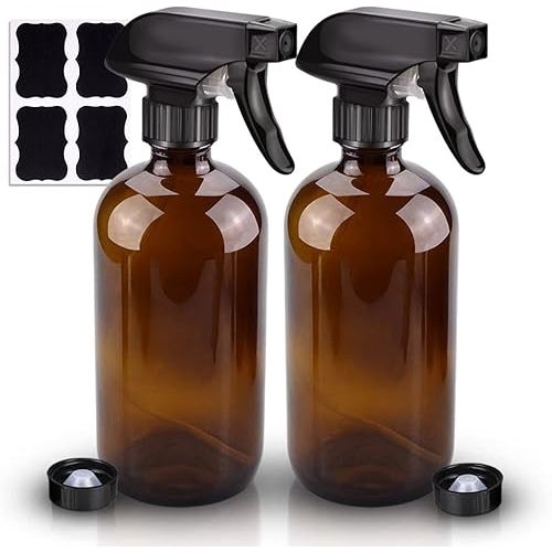 Wedama Amber Glass Spray Bottles, 2 Pack 16 oz Glass Spray Bottles for Cleaning Solutions and Essential Oils, Refillable Empty Spray Bottle with Adjustable Nozzles for Alcohol, Plant and Hair Care
