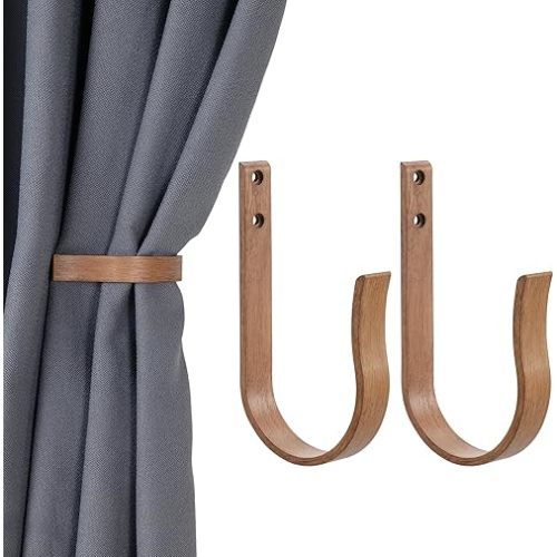 Light Brown Wood Grain Curtain Holdbacks,Solid Aluminum Wall Mounted Curtain Tiebacks & Hooks,U Shape Curtain Holders,Elegant Curtain Pull Backs for Drapes, Curtains(4 Pack)