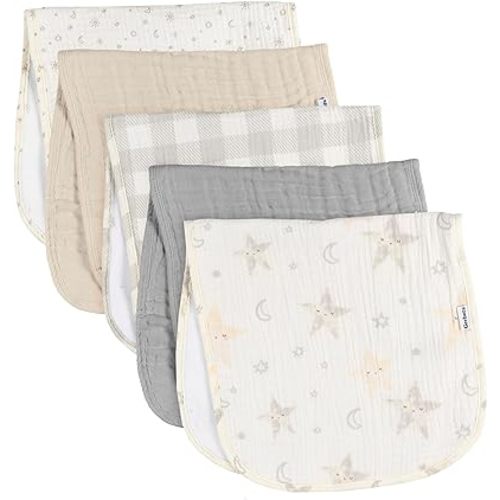 Gerber Baby Unisex Muslin Burp Cloths 5-Pack, Multi Stars, Large Size 20" x 10"